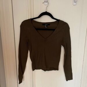 Dark Green Forever 21 Long-Sleeved V-Neck Top